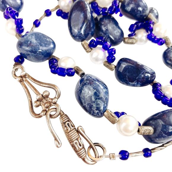 Sodalite Beaded Necklace, 90s Boho Tribal Faux Pearl Gemstone Eclectic Jewelry - Picture 1 of 10